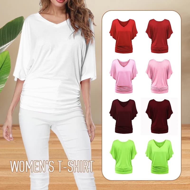 T-shirt chauve-souris classique décontracté, grande taille, col en v, manches courtes, rose, gris, b