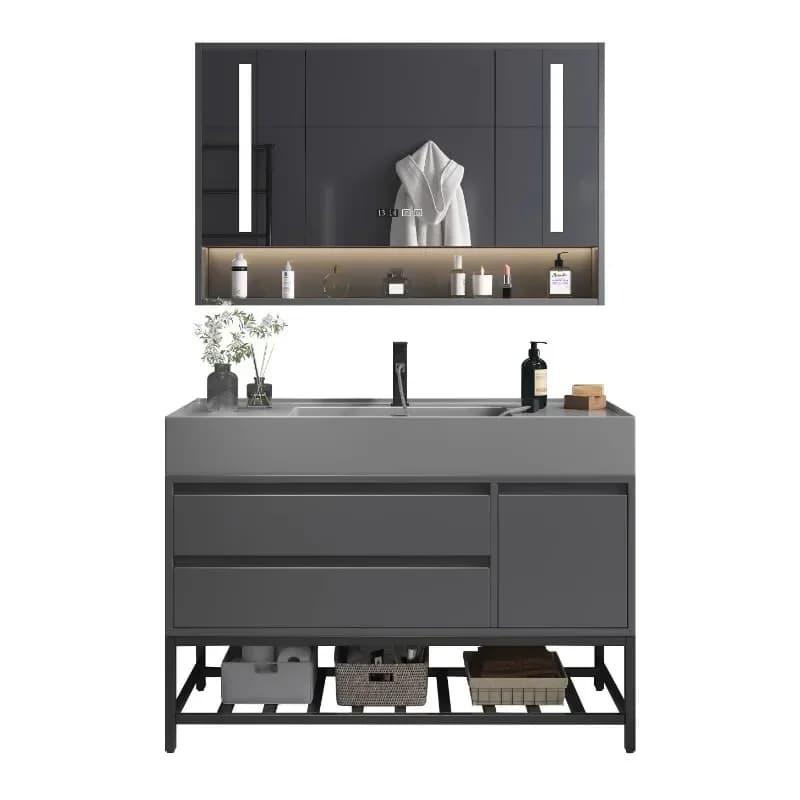 Armoire de salle de bain légère et luxueuse en bois massif, lavabo pour mains intégrées, miroir Inte