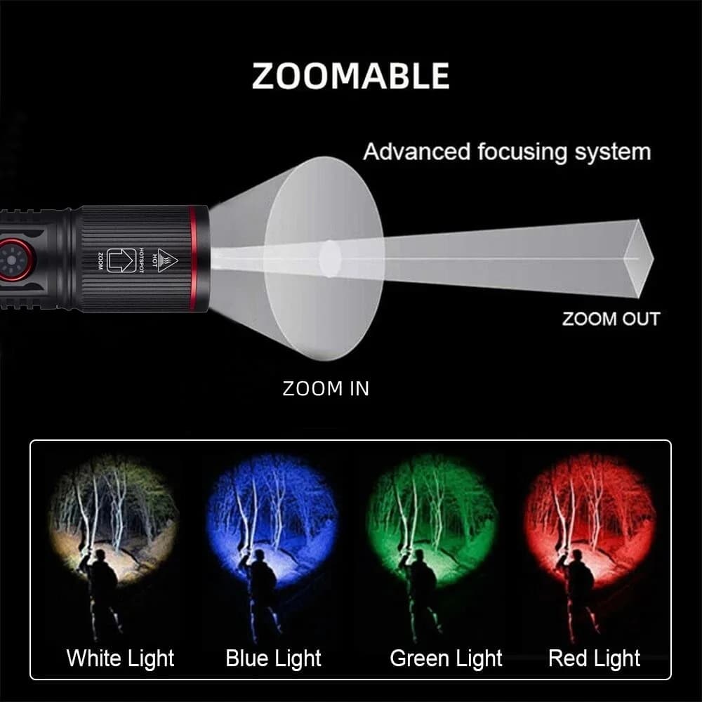 Zoomable 4 couleurs lumière blanc/rouge/vert/bleu lampe de poche LED USB charge pêche Camping chasse