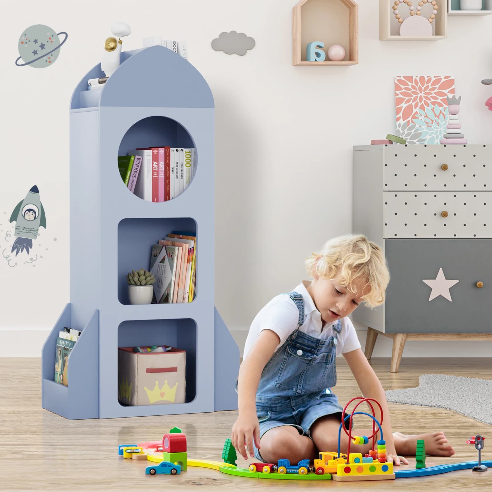 Étagère à livres pour bébé Rocket à 3 niveaux, bibliothèque ouverte en bois pour tout-petits, biblio