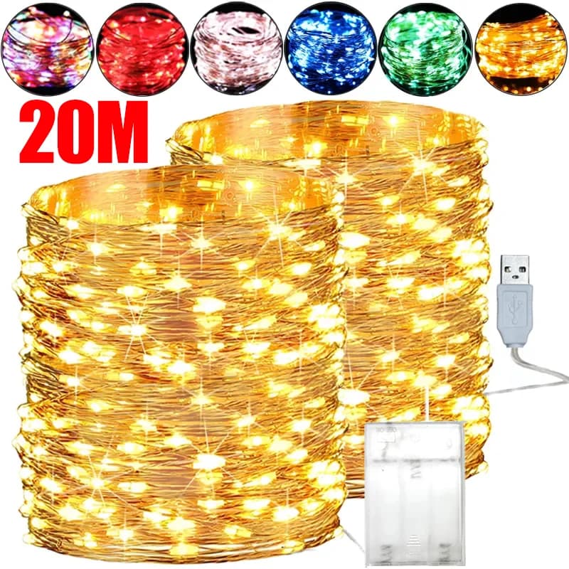 Guirlande lumineuse LED en fil de cuivre 10/20M, USB/batterie, étanche, féerique, décoration de fête