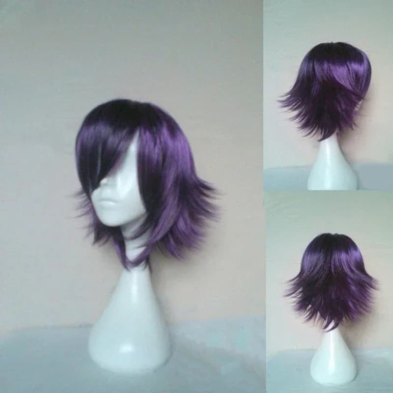 Perruque de Cosplay synthétique courte bouclée violette noire, perruque de Cosplay Anime en Fiber de