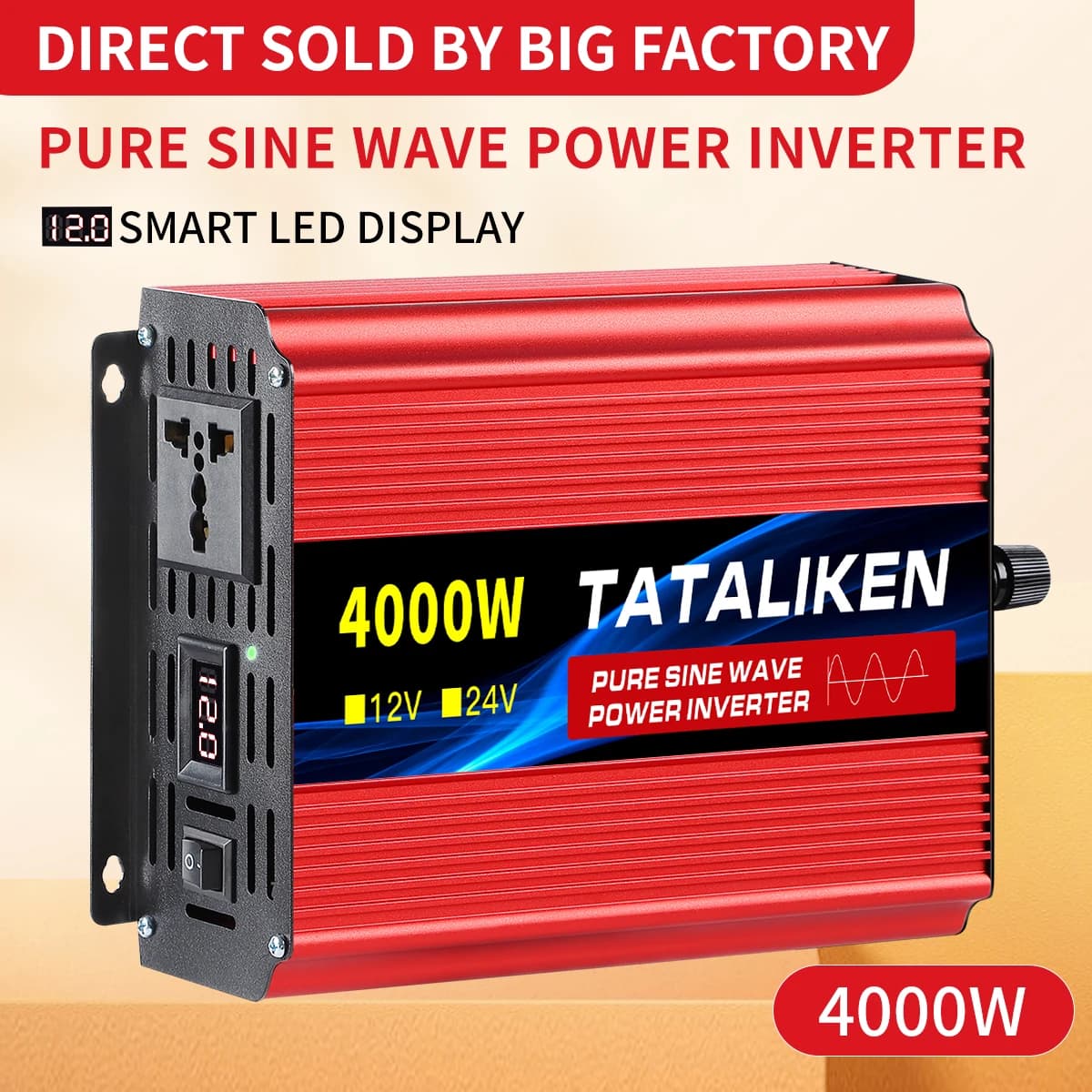 Convertisseur d'ondes sinusoïdales pures 1000W-4000W DC 12V et 24V vers AC 220V 50Hz, chargeur, adap