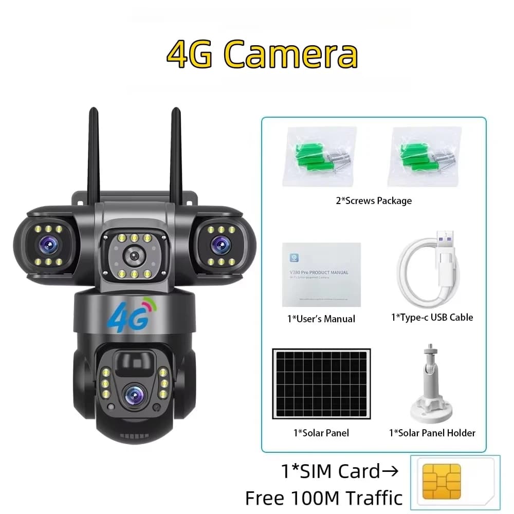 Caméra solaire avec 4G SIM 15MP HD extérieure 3 objectifs 3 écrans 10X Zoom PIR caméras de détection