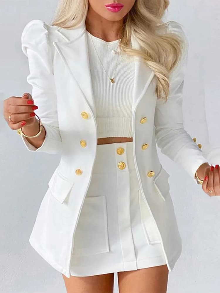 Ensemble Deux Pièces pour Femme, Tenue de Bureau, Couleur Unie, Manches Bouffantes, Jupe à lèvent Ta