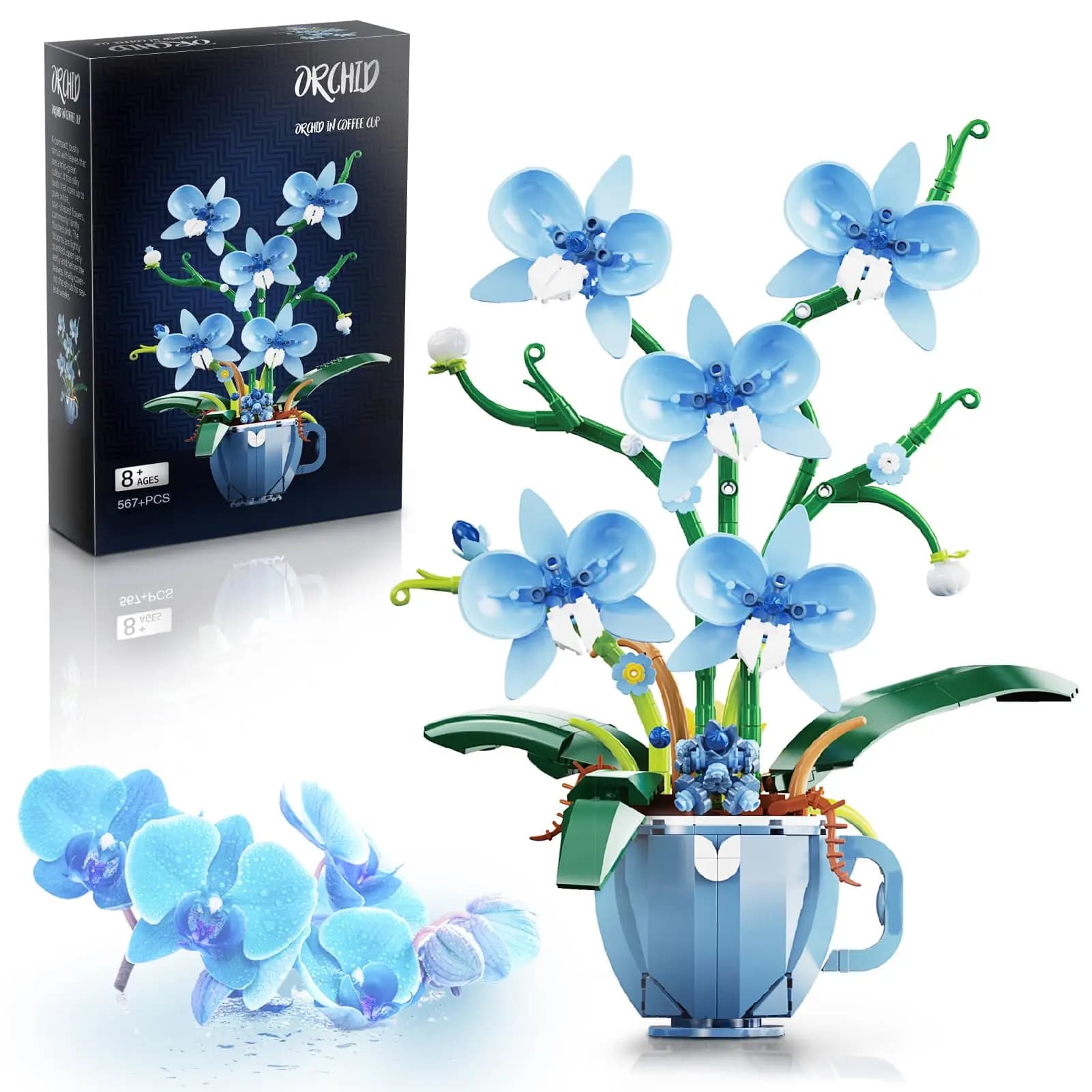 Blocs de construction Orchid, kit d'assemblage orchidée bleue, parfait pour la décoration de la mais