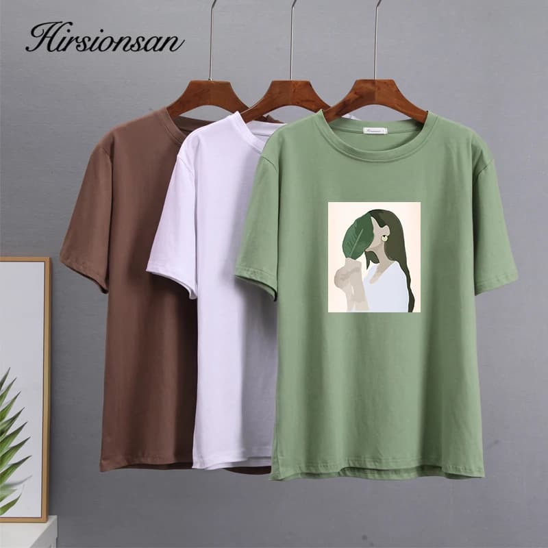 Hirsionsan – t-shirt imprimé pour femmes, 2023 coton, ample, décontracté, Chic, estival, 100%