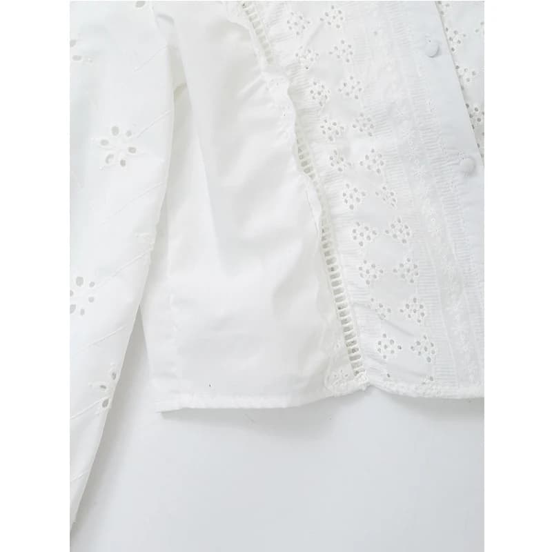 YENKYE-Chemisier blanc brodé évidé pour femme, manches longues, col rond, chemise courte femme, stre