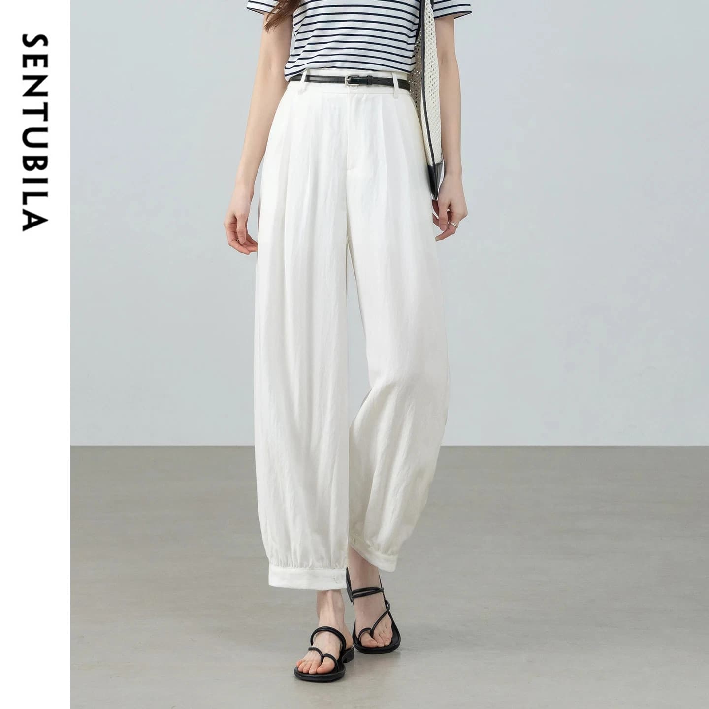 SENTUBILA Pantalon plissé blanc pour femme, style minimaliste, mode bureau, taille à double bouton, 
