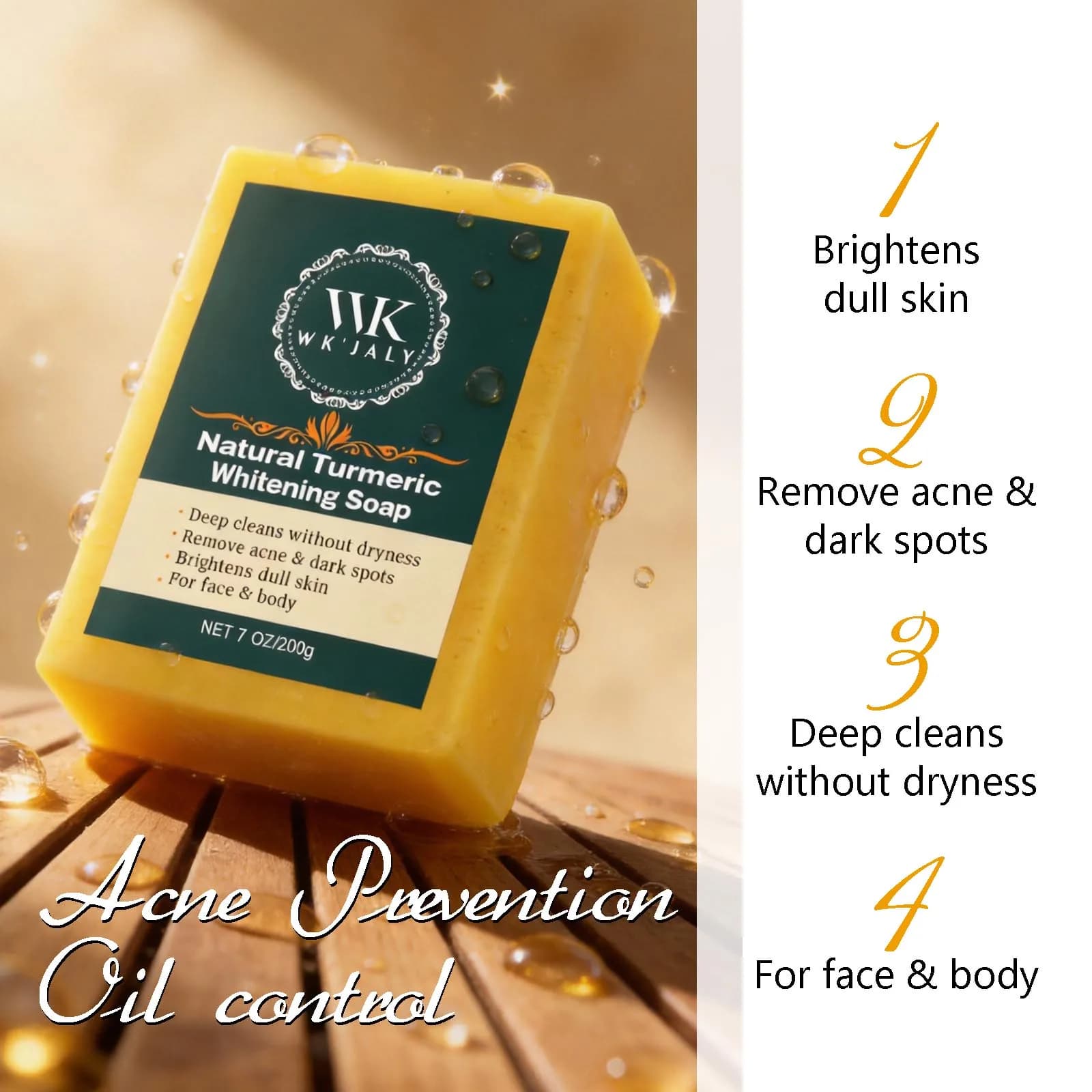 Savon éclaircissant au curcuma WK JALY, anti-acné, anti-taches brunes, avec acide hyaluronique, pour