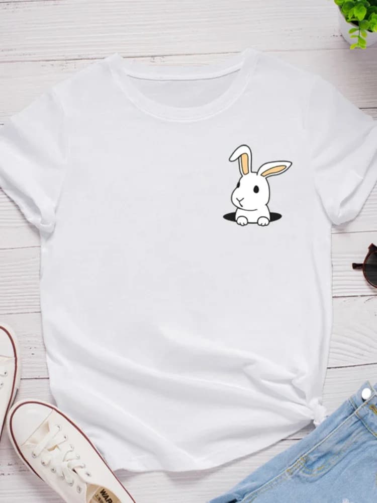 Poche lapin imprimer femmes t-shirt à manches courtes col rond lâche femmes t-shirt dames t-shirt ha
