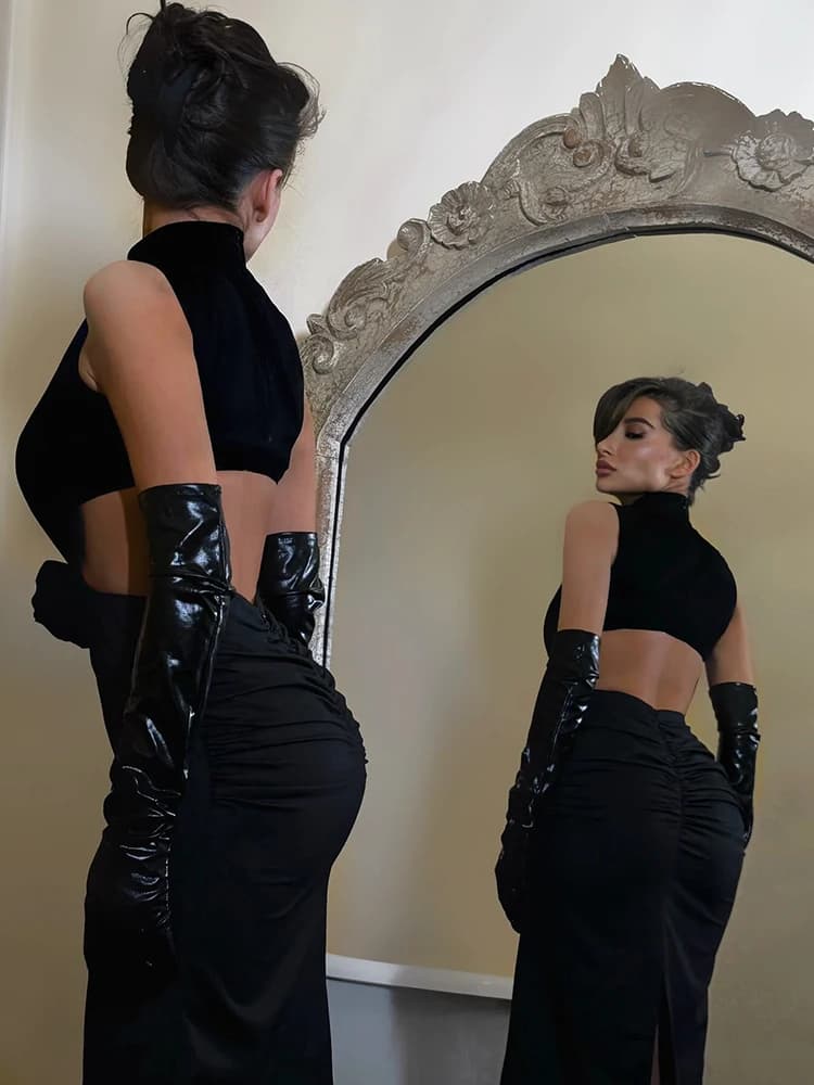 Ahagaga élégant Sexy évider Maxi Robes mode solide régulier décontracté sans manches mince moulante 