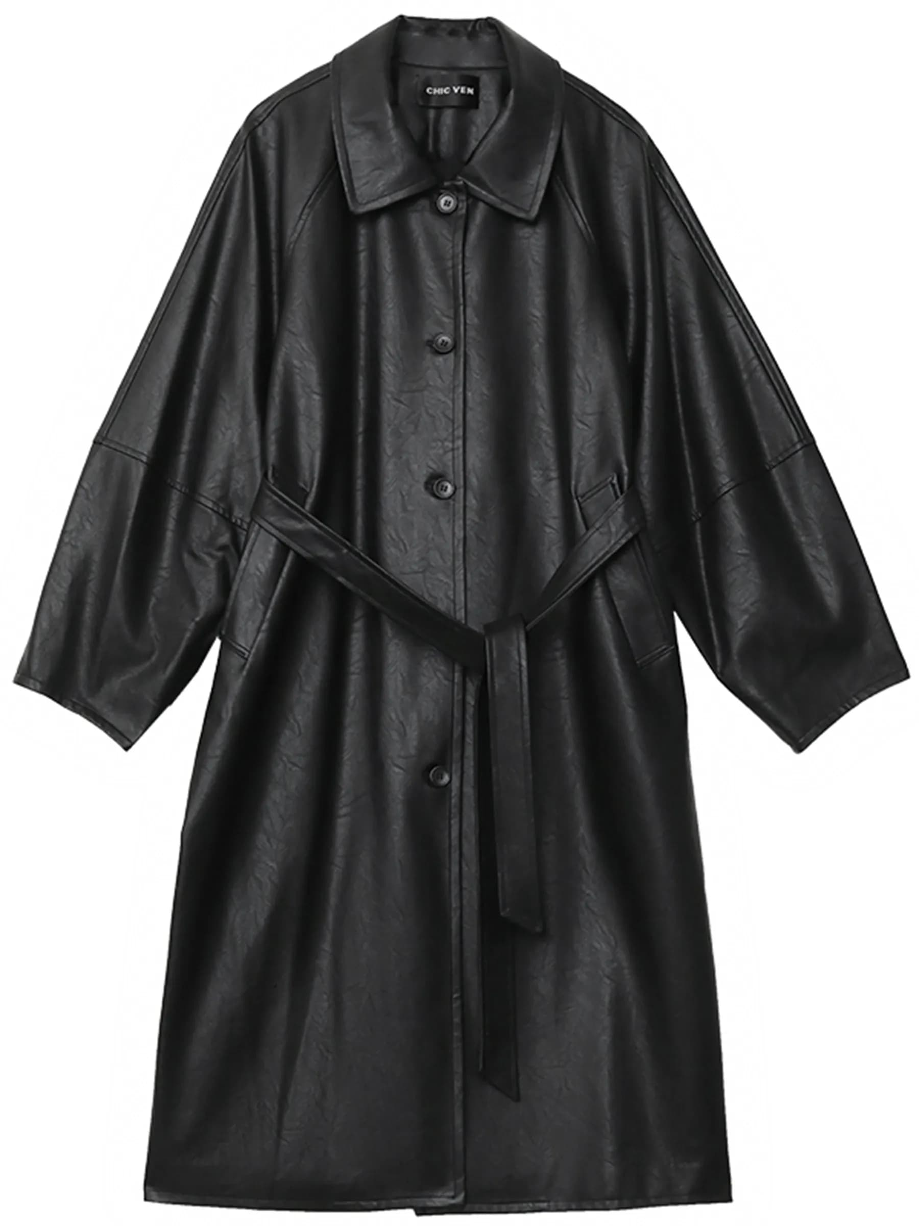 Manteau long en PU pour femme CHIC VEN, nouveau modèle décontracté avec ceinture, en similicuir, cou