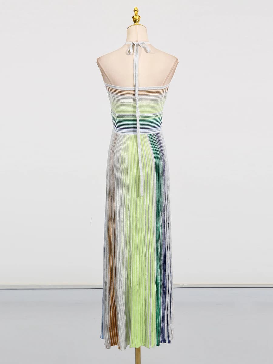 Robe longue de fête VGH à rayures colorées pour femme, dos nu, taille haute, sans manches, coupe aju