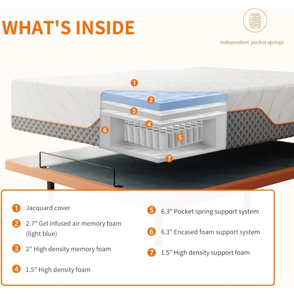 Cadre de lit réglable Queen - Matelas hybride en mousse à mémoire de forme de gel frais de luxe de 1