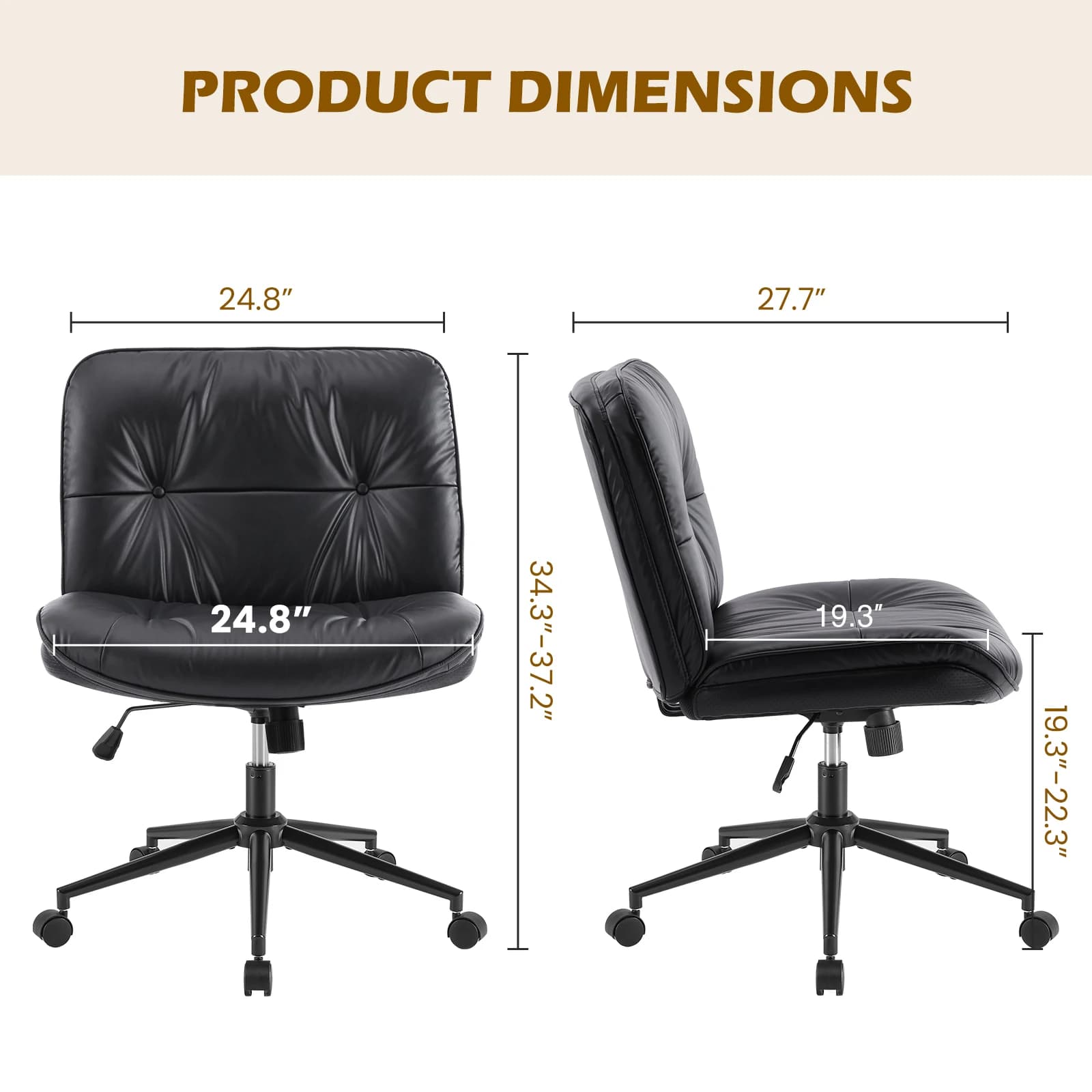 JHK – chaise de bureau en cuir PU à jambes croisées, avec roulettes, sans accoudoirs, siège large pi
