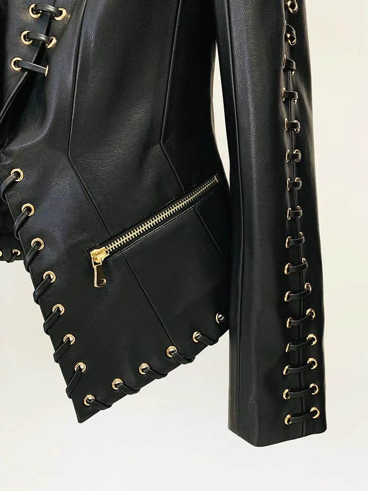 Veste de créateur tendance de haute qualité 2026, veste en cuir ajustée à lacets pour femmes
