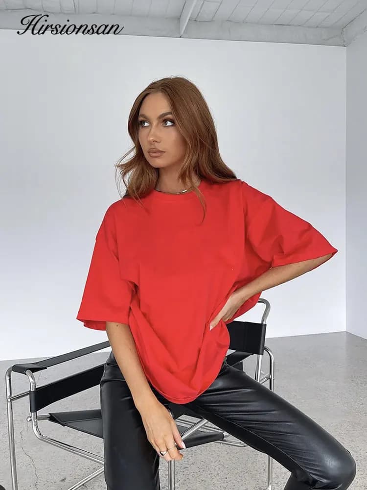 Hirsionsan – t-shirt col rond femme, 100% coton, surdimensionné, résistant, décontracté, basique, am