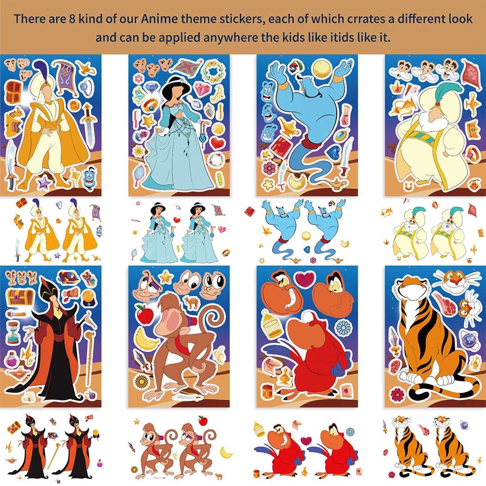 Autocollants de puzzle Disney Anime Aladdin pour enfants, faire un visage drôle, assembler des décal