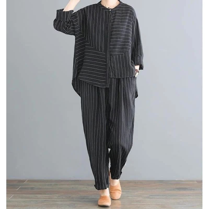 Ensemble Deux Pièces pour Femme, Chemise Rayée à Manches sulfet Pantalon Sarouel à Taille artificiel