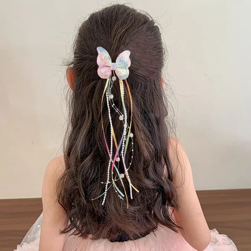 Pince à cheveux à paillettes papillon arc-en-ciel pour enfants, 2 pièces, ruban de perles, pince à c