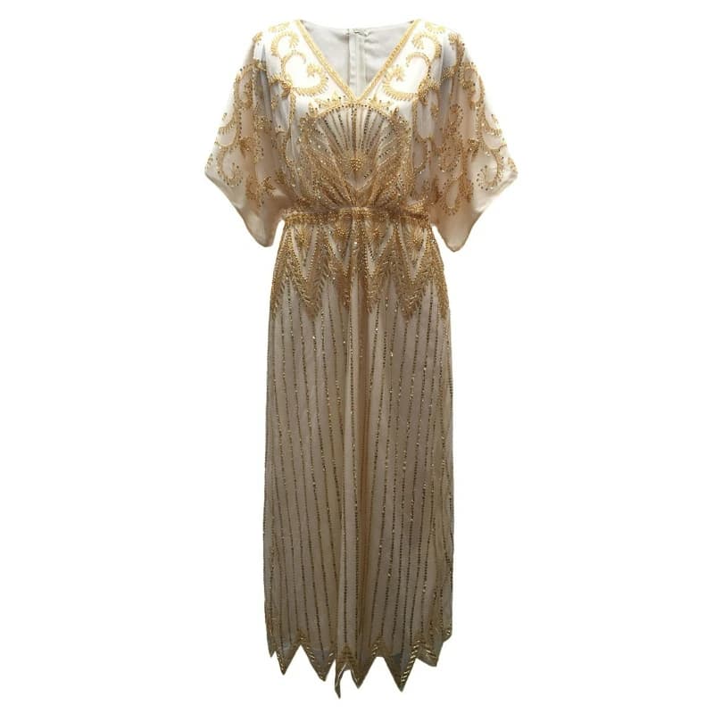 Robe de soirée longue à paillettes pour femmes, élégante, col en V, manches courtes, ligne A, taille