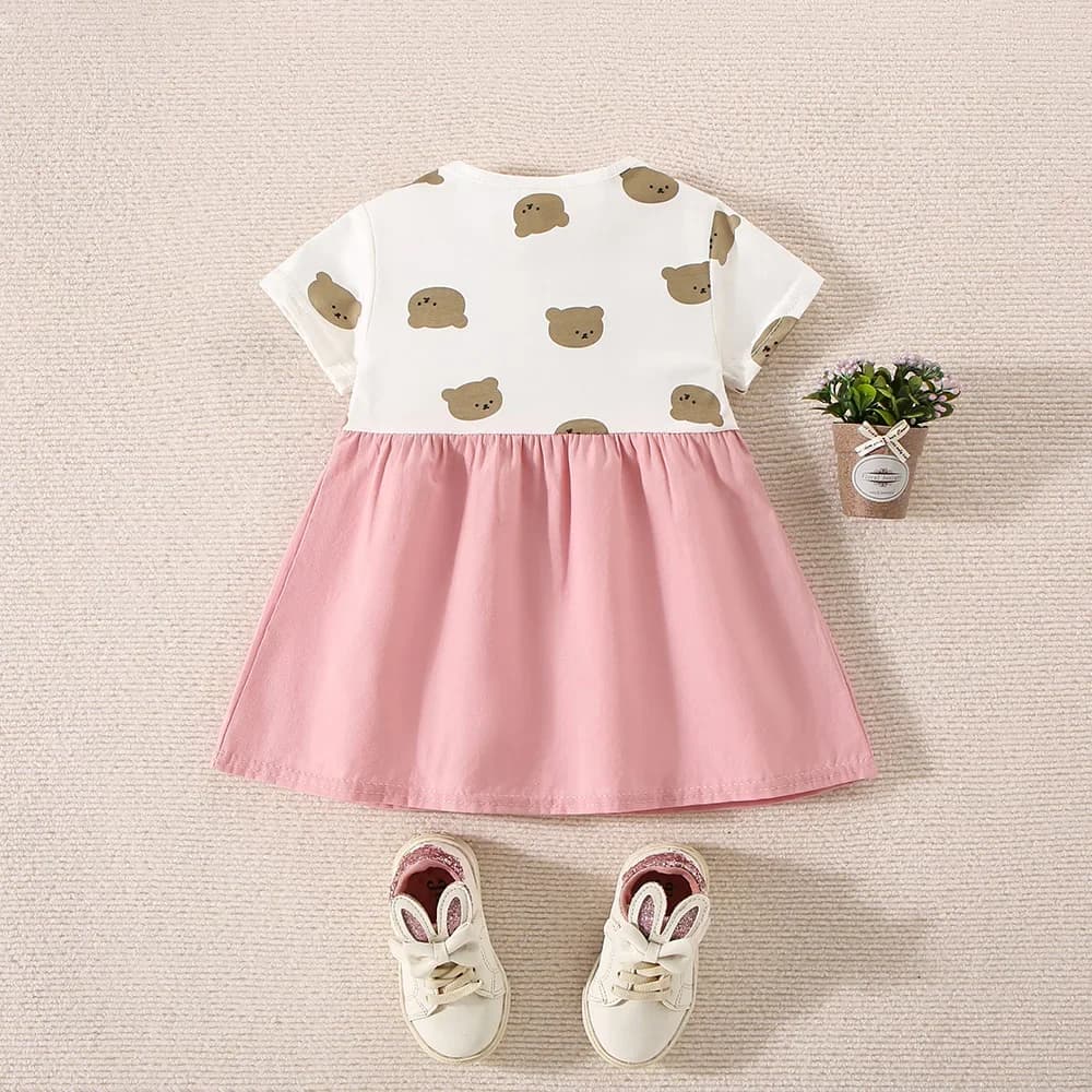 Robe d'été en coton pour petites filles, imprimé ours en peluche, manches courtes, fausse robe à bre