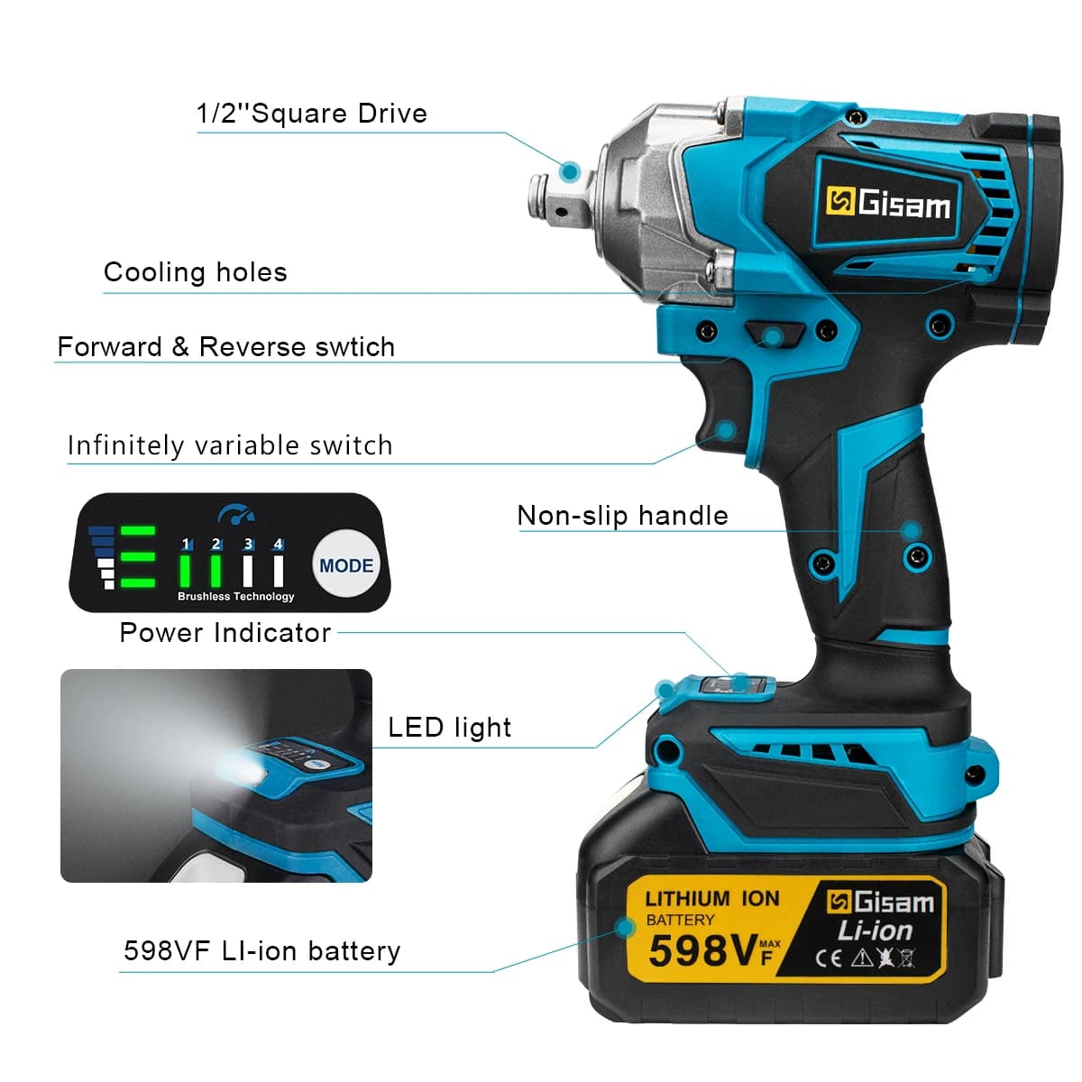 Gismis 1200NM clé à chocs électrique sans brosse clé Rechargeable 1/2 "pneus de voiture outils élect