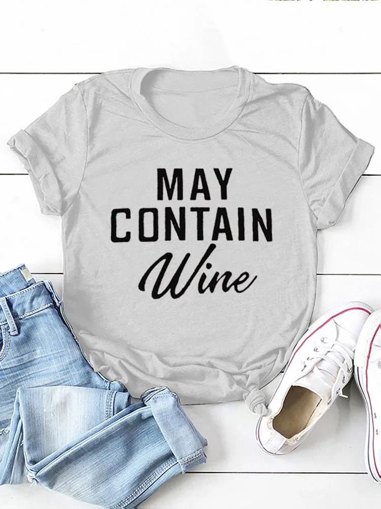 T-shirt manches courtes col rond femme, ample, avec lettres de vin imprimées
