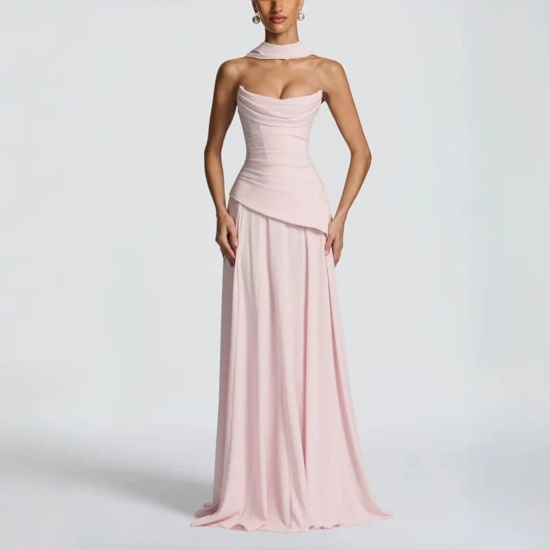 Robe de soirée rose poudré pour femme, col bénitier, dos froncé, à lacets, sans manches, élégante, p