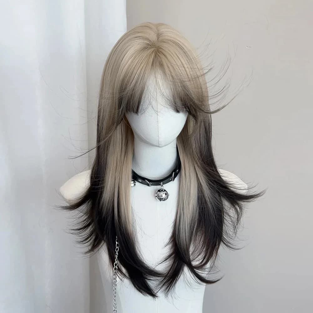 Perruque synthétique superposée noire Blonde ombrée pour Cosplay Lolita, perruque longue et lisse av