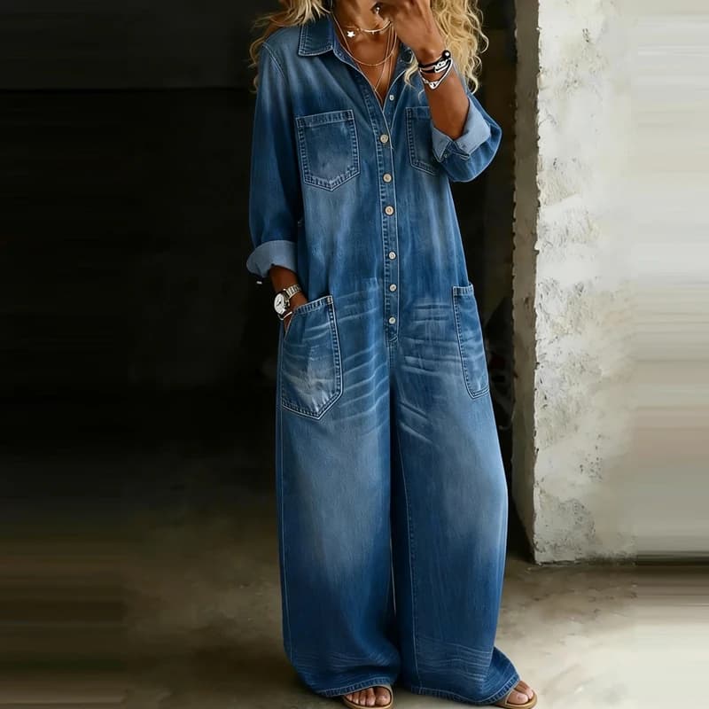 Combinaison longue décontractée en jean pour femme, à col rabattu, manches longues, coupe ample, uni