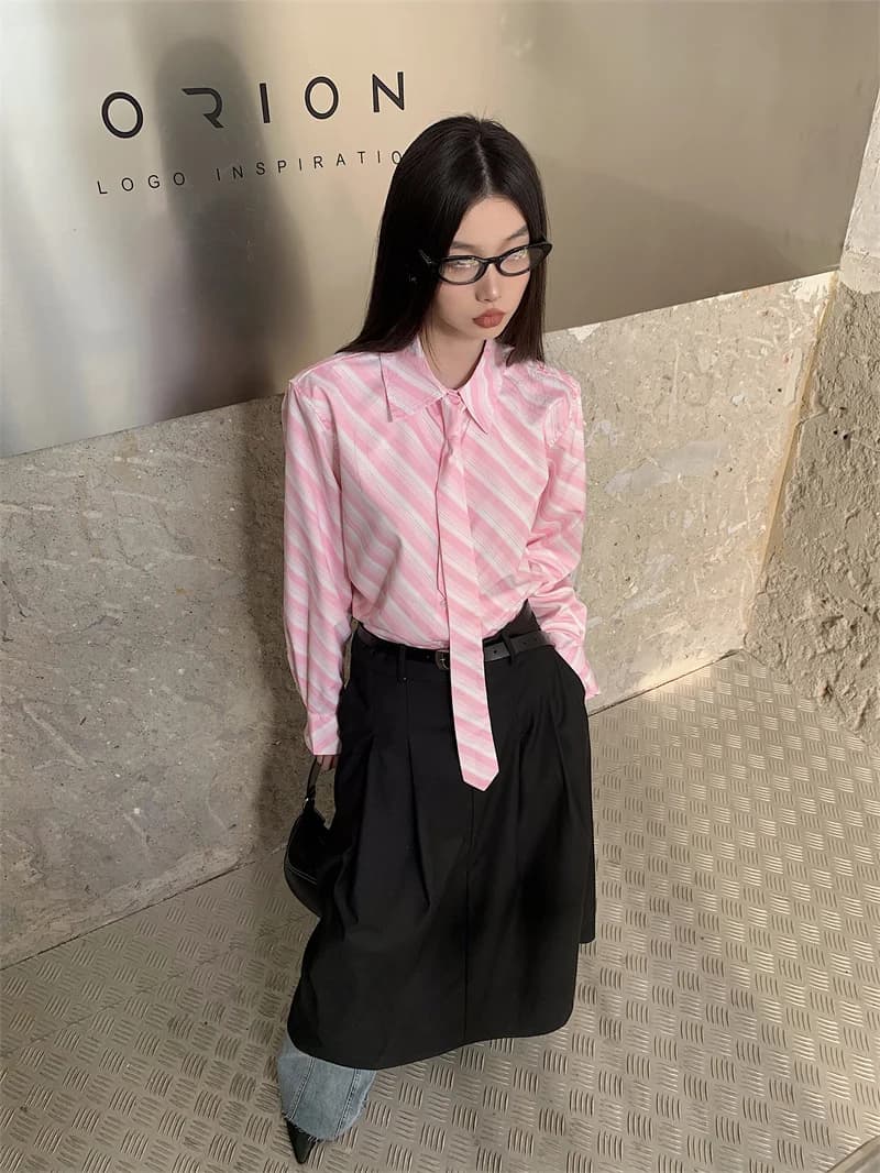 CHEERART Rose Rayé Chemise Avec Cravate Bureau Tenues Femmes T-shirt À Manches Longues Et Chemisier 