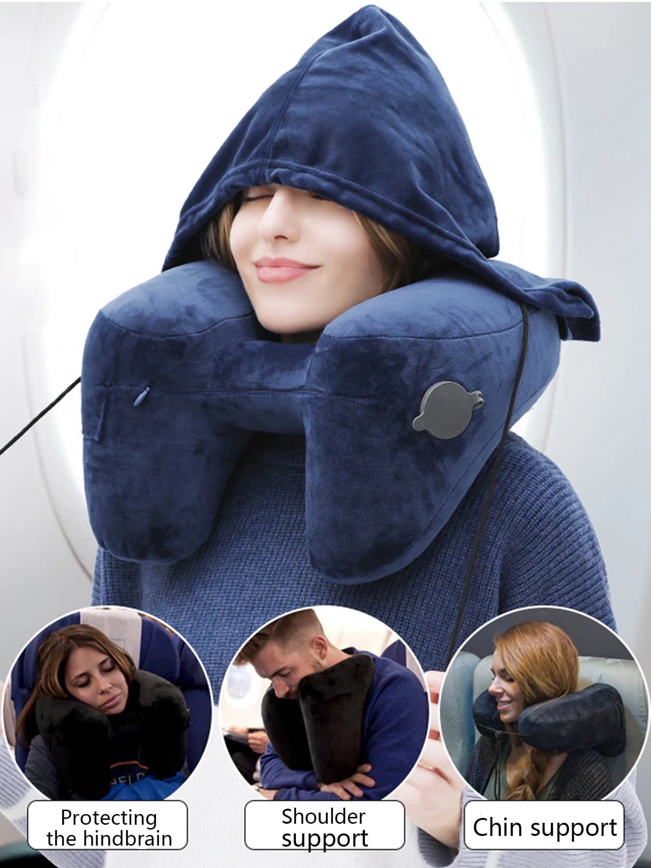 Oreiller gonflable de voyage en forme de U, 1 pièce, oreiller cervical d'aviation à capuche en H ave