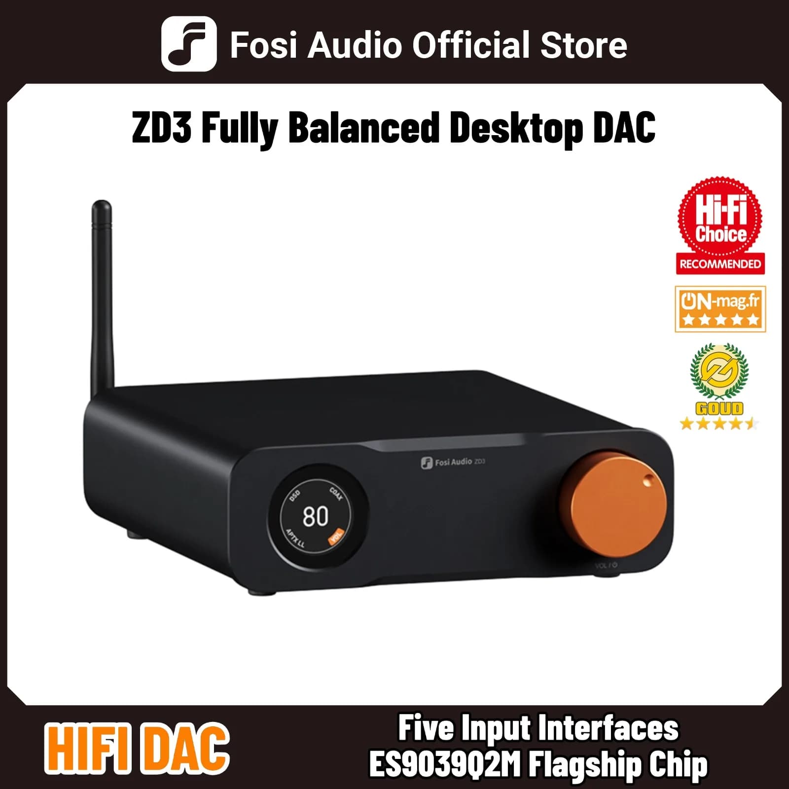 Fosi Audio ZD3 Bluetooth USB DAC de bureau avec entrée ARC, décodeur numérique entièrement équilibré