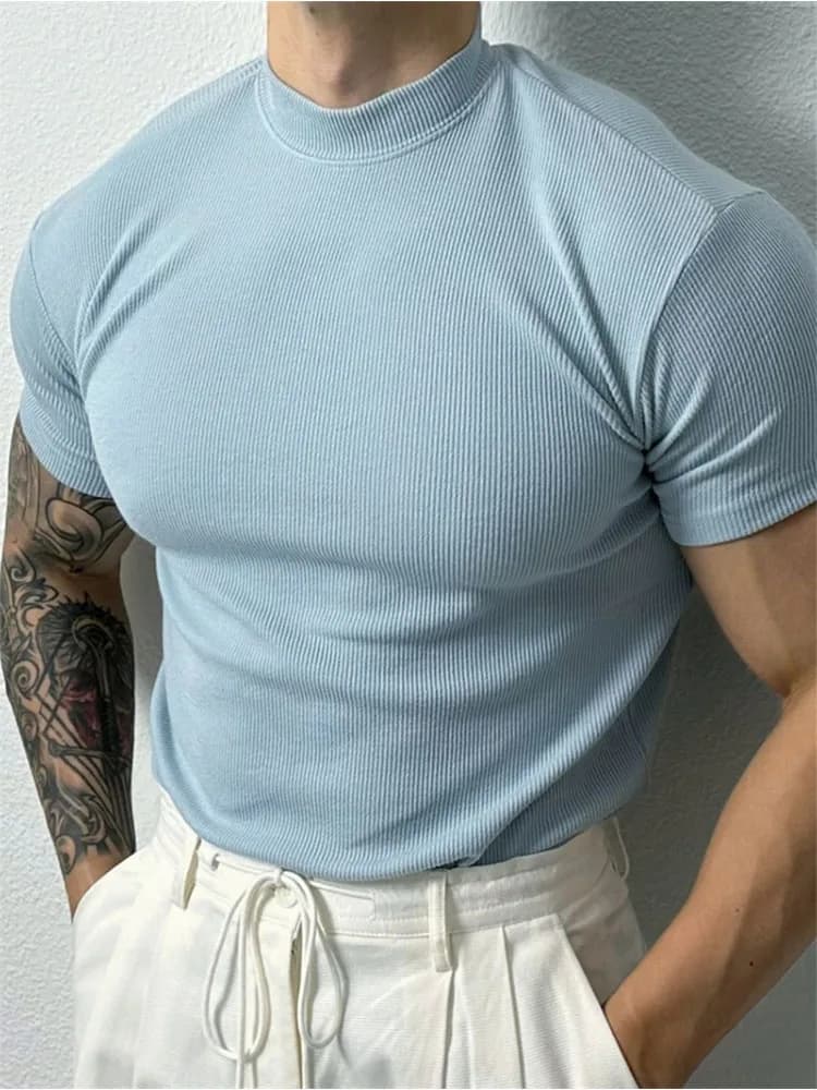 Nouveau T-shirt homme tendance 2026 – Haut de sport à col montant rayé, manches courtes, idéal pour 