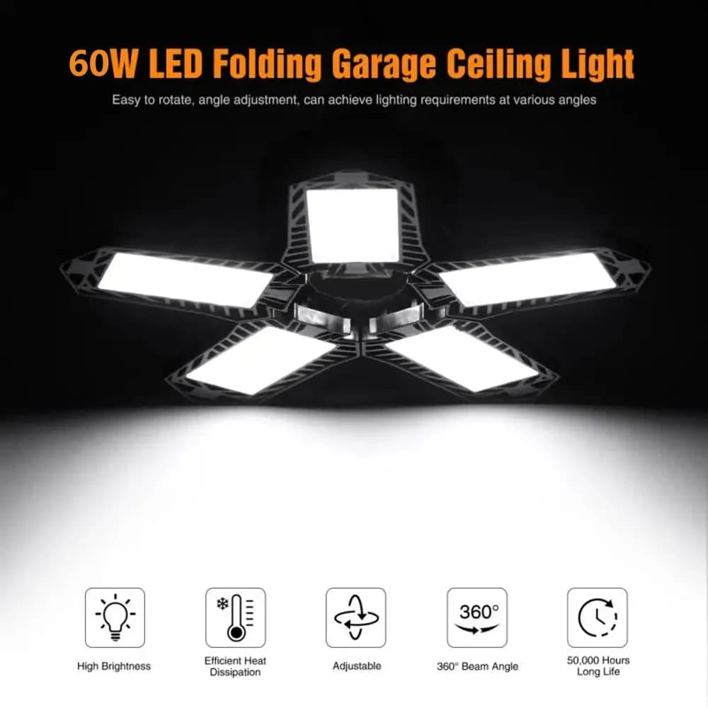 INDA/E26-Lampe de Garage à LED 60W, Ventilateur Réglable et Déformable, Luminaire de Travail Industr