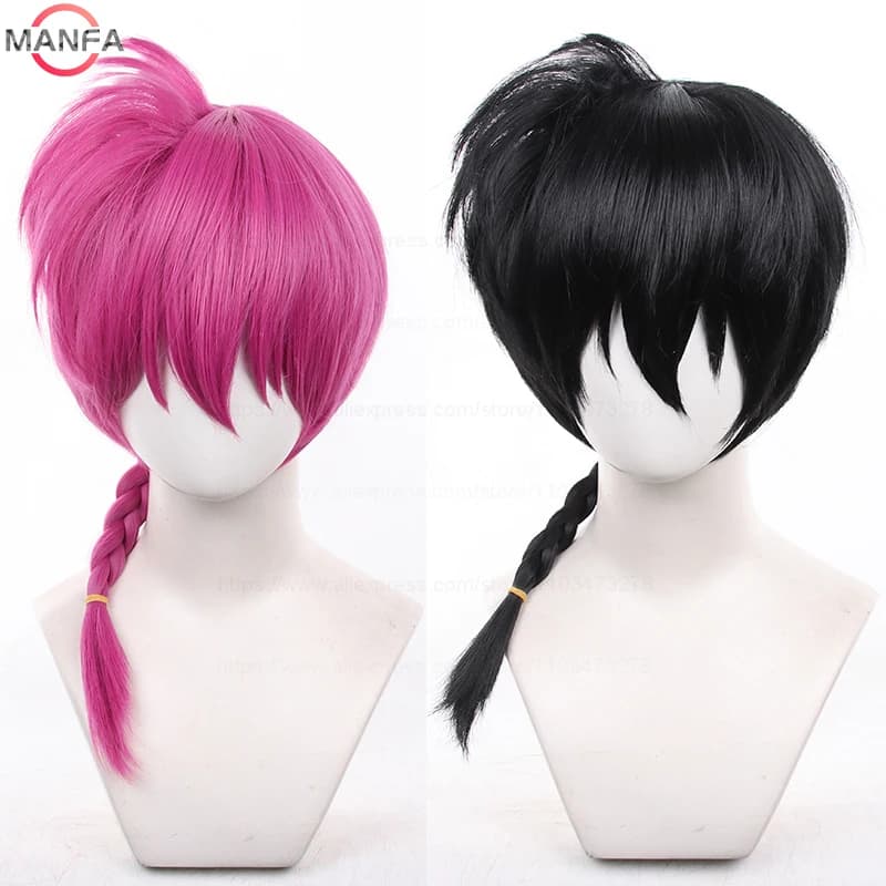 Haute qualité nouveau Anime Ranma 1/2 Ranma Cosplay perruque Ranma noir Rose rouge tressé Halloween 