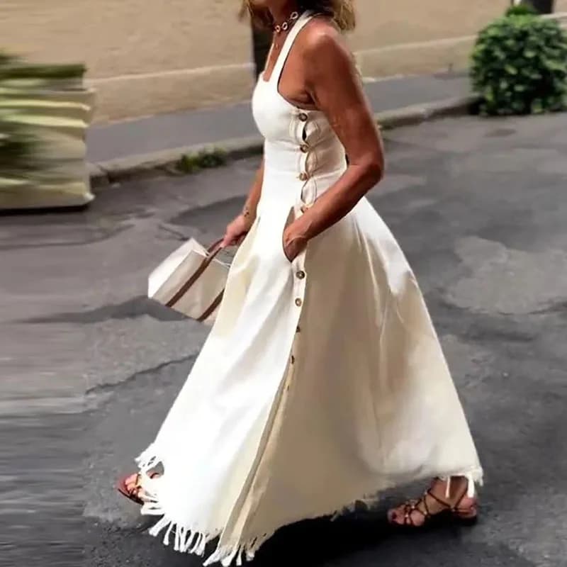 Robe longue d'été à Camisole blanche, décontractée, épaules dénudées, poches, coupe cintrée, élégant