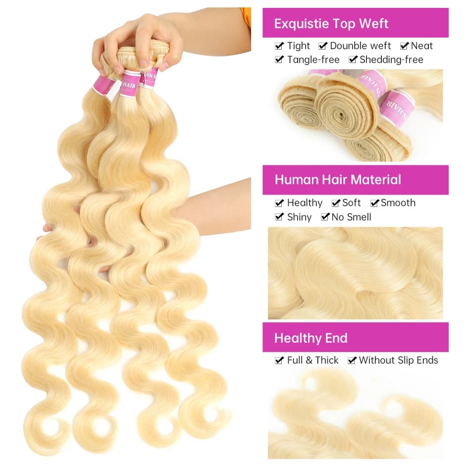 Tissage en Lot Brésilien Naturel Remy Body Wave, Couleur Blond 613, Extensions de Cheveux, 30 32 34 