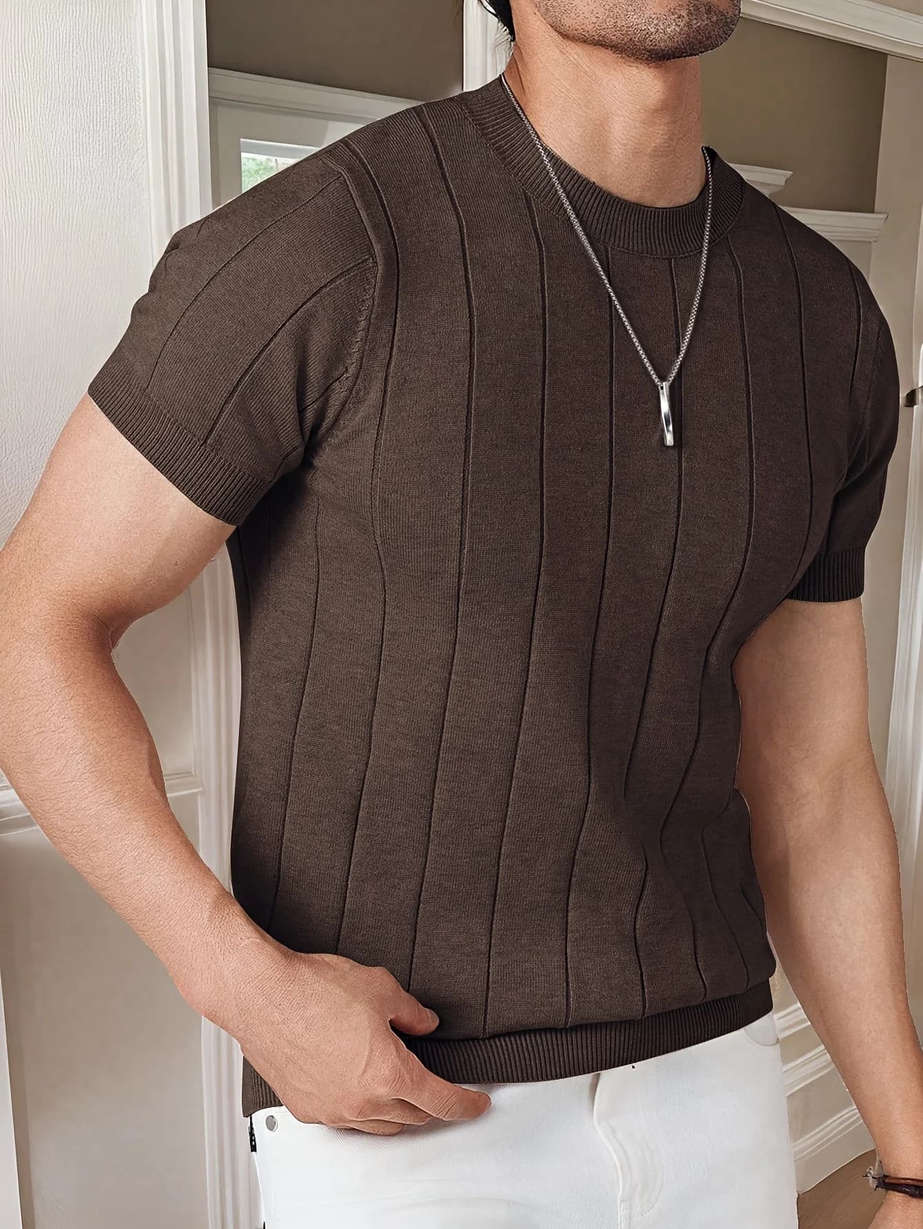T-shirt tricoté slim pour homme, col rond, couleur unie, manches courtes, décontracté, business, ten