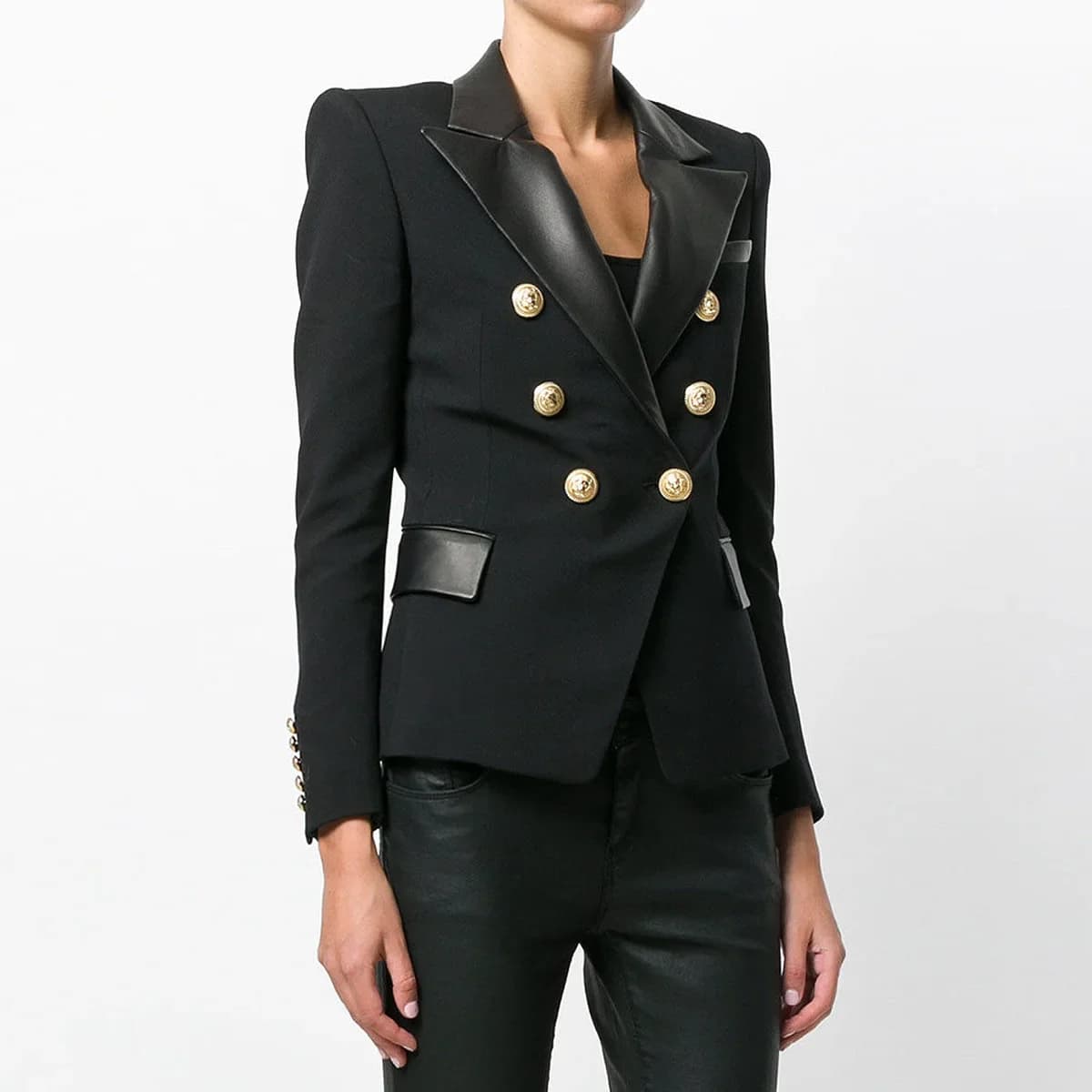 Automne hiver mode couture en cuir PU coupe ajustée à manches longues revers Double boutonnage costu
