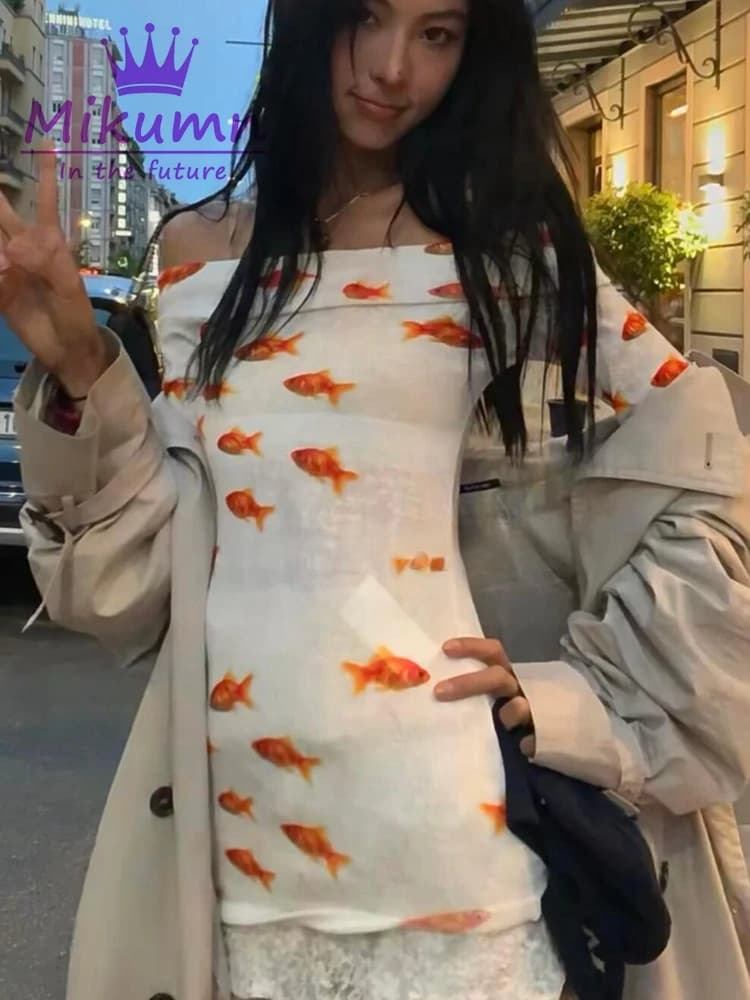Mikumn-T-shirt Slim à manches longues pour femmes, imprimé poisson rouge, col slash, mode coréenne, 