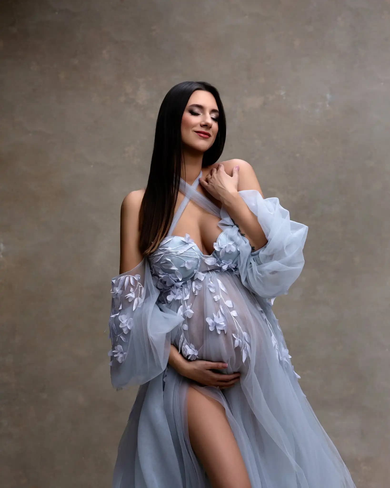 Fairy Blue Floral Matenity Dress Photoshoot Off Shoulder Illusion Soft Tulle Slit Maternity Dresses 