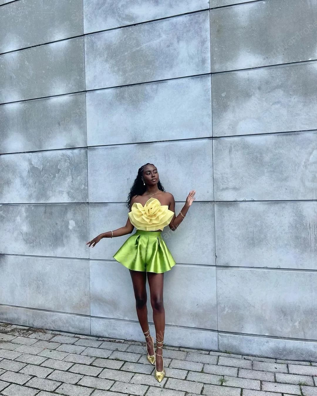 ChimTwo-Ensemble mini jupe jaune pour femme, haut en tulle à volants fleuris sans bretelles, jupe co