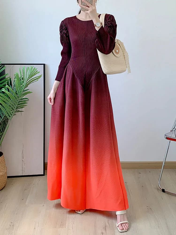 Ata Yake-Robe plissée à col rond pour femme, manches longues, volants épissés, vêtements de soirée, 