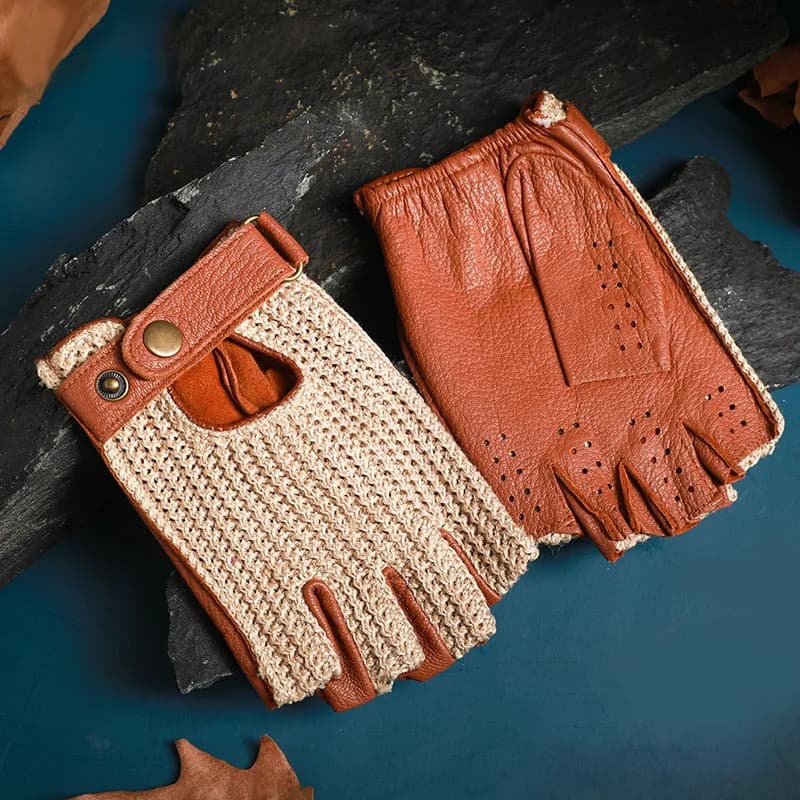 Gants de moto rétro en cuir sans doigts pour hommes, pour la conduite et l'équitation, tricotés et r