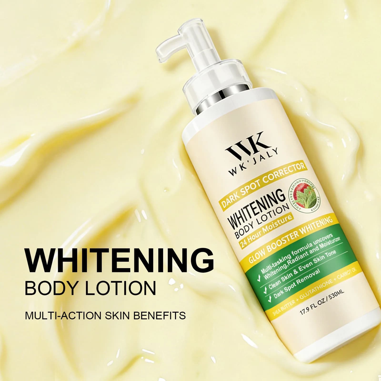 WK JALY Lotion pour le corps blanchissante Glow Booster, avec glutathion, élimine les taches foncées