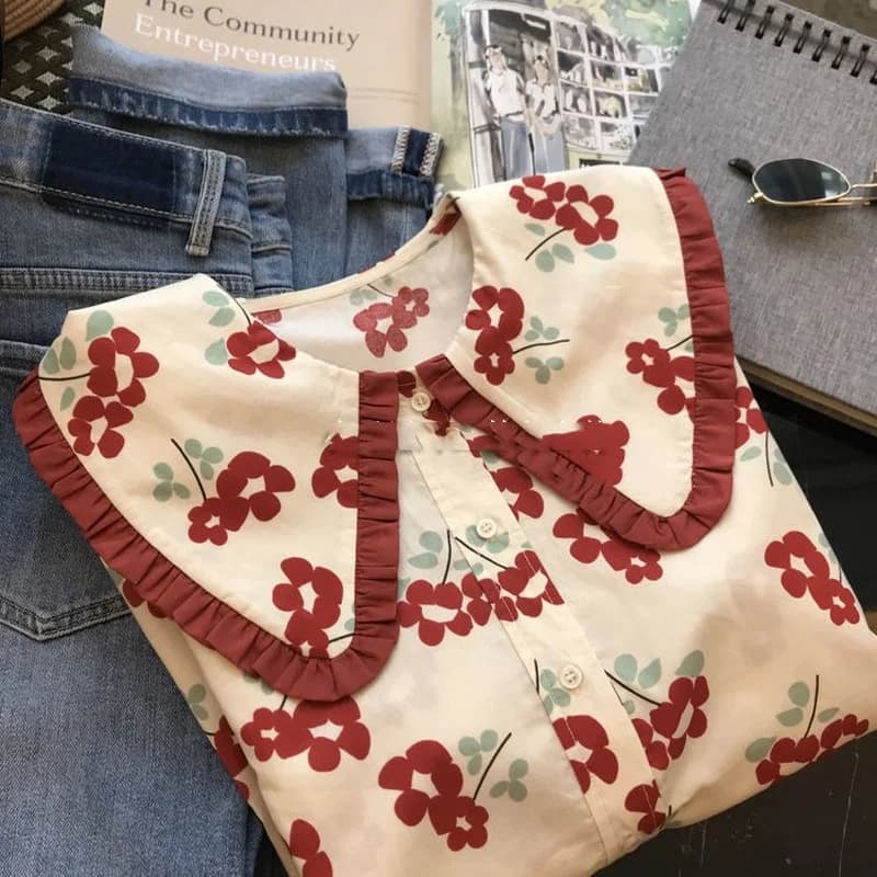 Chemises à fleurs pour femmes, mode coréenne, étudiants doux, Kawaii, Simple, All-Match, Chic, Doux,