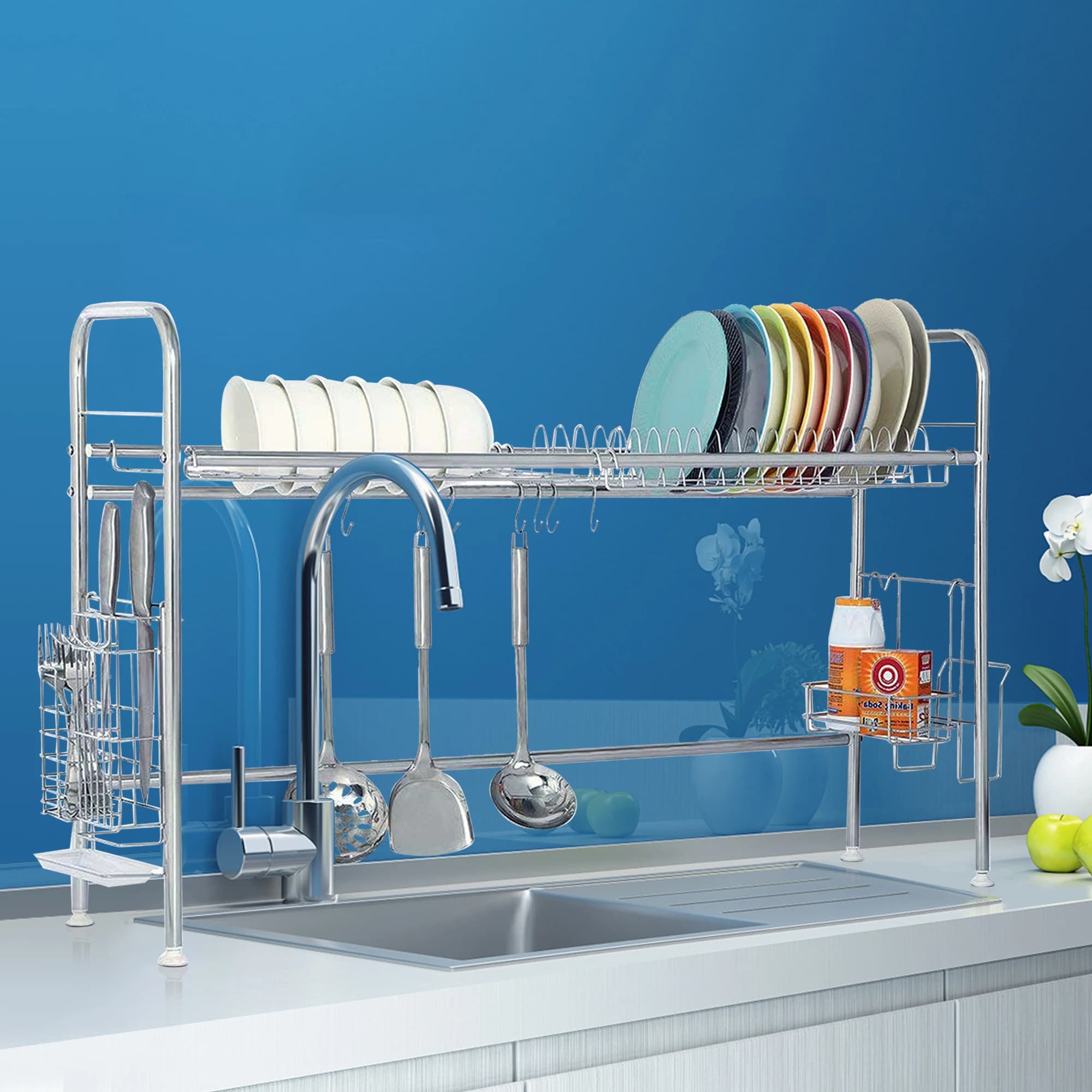 Vaccage de vaisselle à 2 niveaux en acier inoxydable T1, support d'ustensiles pour comptoir